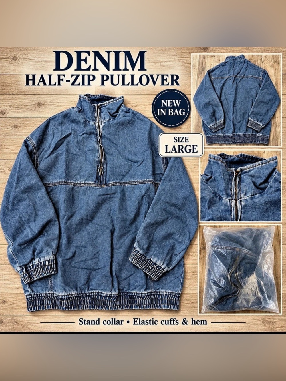 Blue Denim Half-Zip Pullover – Size Large – New in Bag
